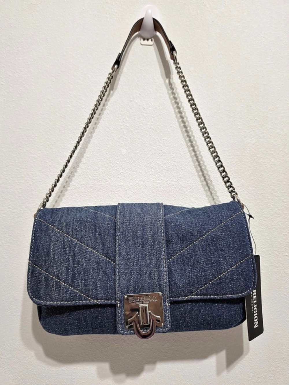 True Religion Logo Lock Modern Flap Denim Crossbody Bag Blue & Brown NWT